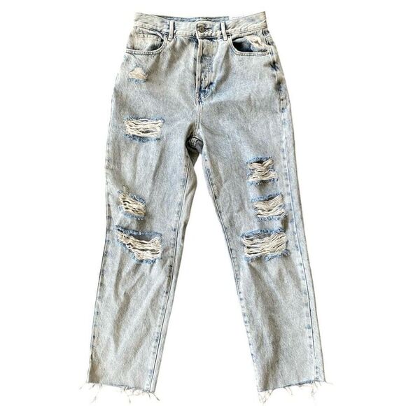 Pacsun Distressed Light Wash Raw Hem High Rise Straight Leg Jeans NWT Size 26 - Picture 1 of 6